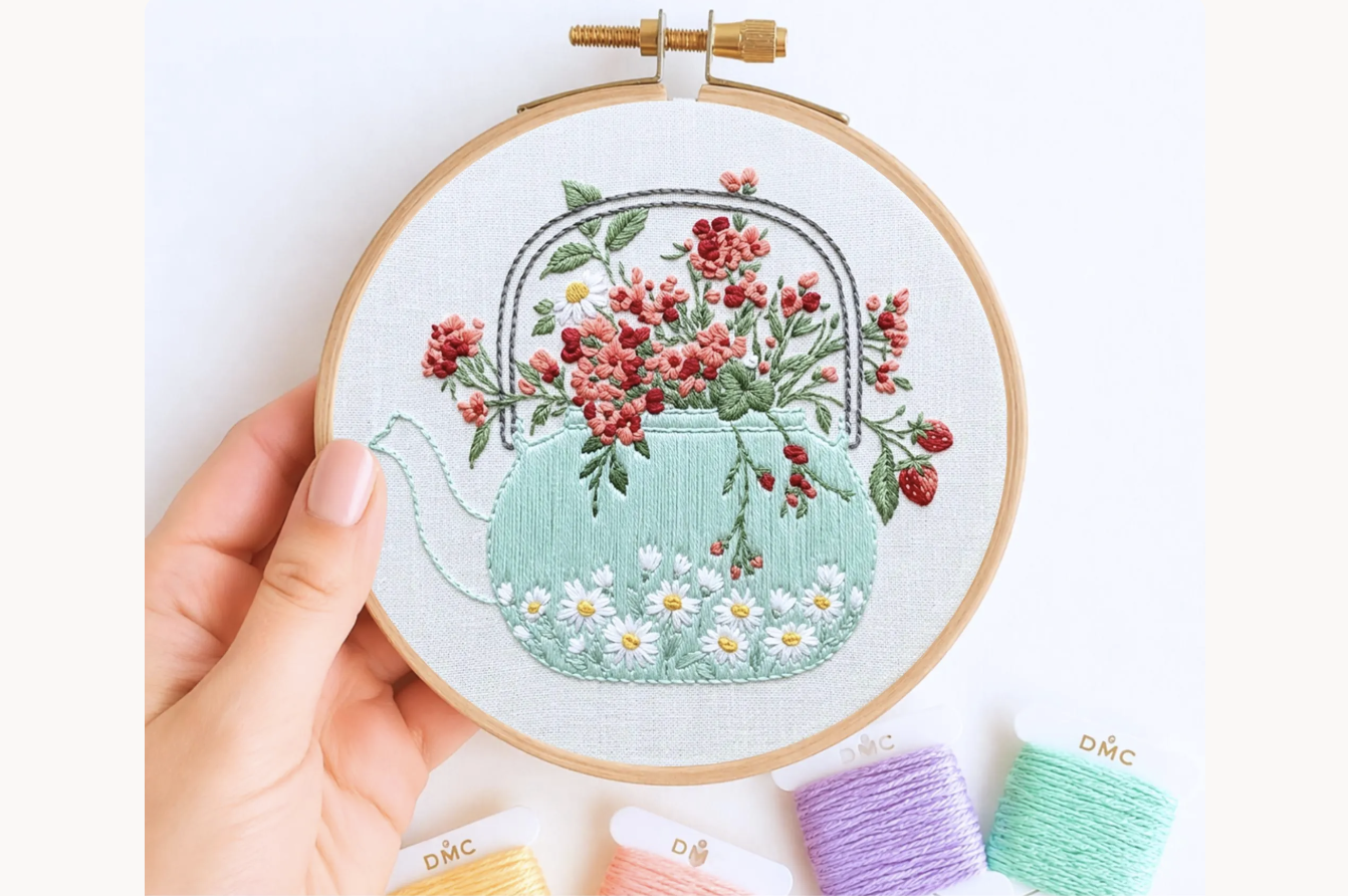 Floral Teapot Hand Embroidery Pattern