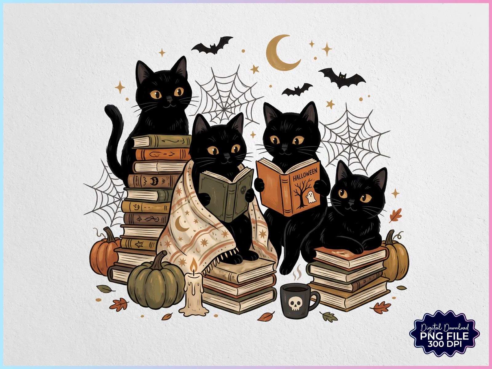 Halloween Black Cat Book Reading PNG