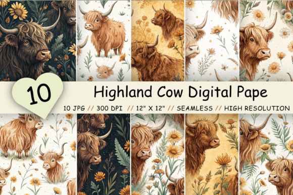 Highland Cow Digital Paper Pack, Seamles