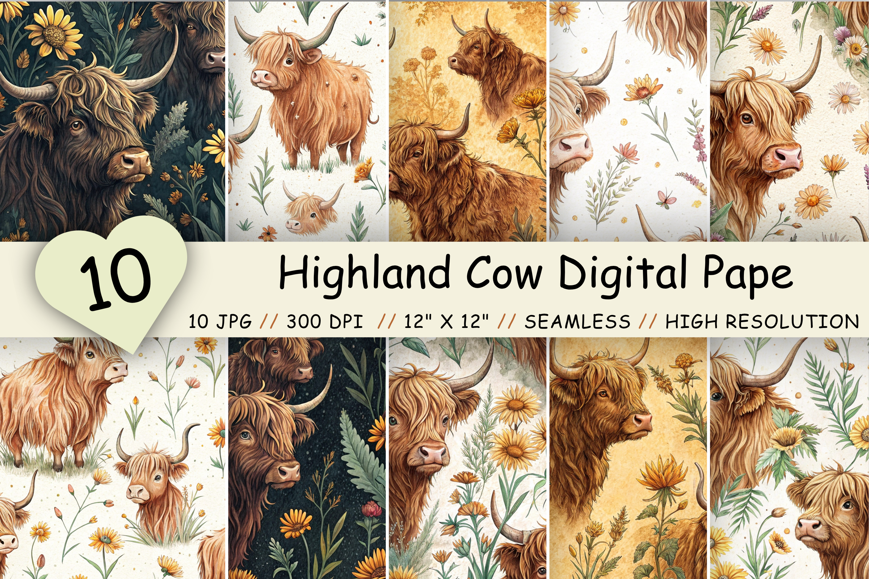 Highland Cow Digital Paper Pack, Seamles