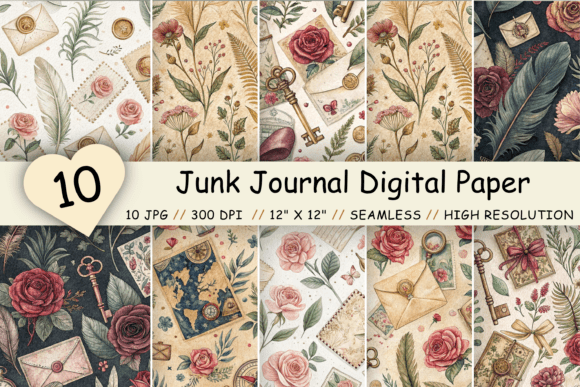 Junk Journal Digital Paper Pack, Seamles