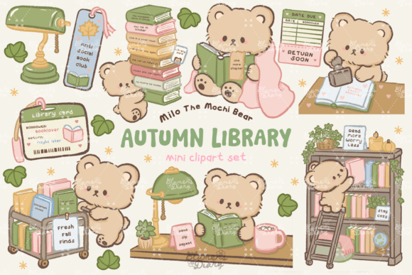 Kawaii Bear Autumn Library Fall Clipart