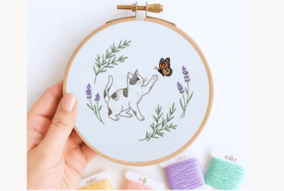 Kitten Butterfly Hand Embroidery Pattern