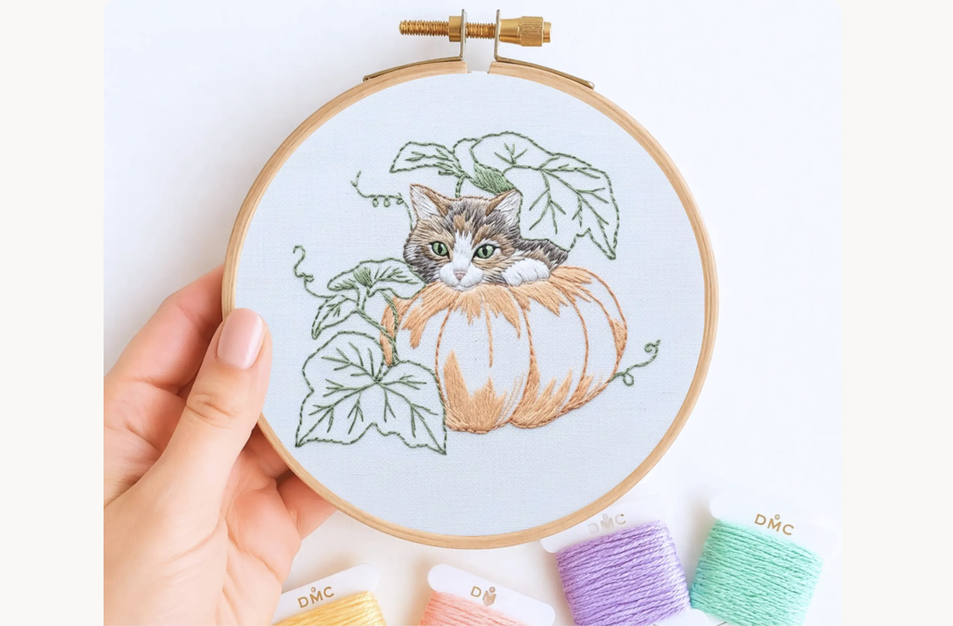 Kitten Pumpkin Fall Embroidery Pattern