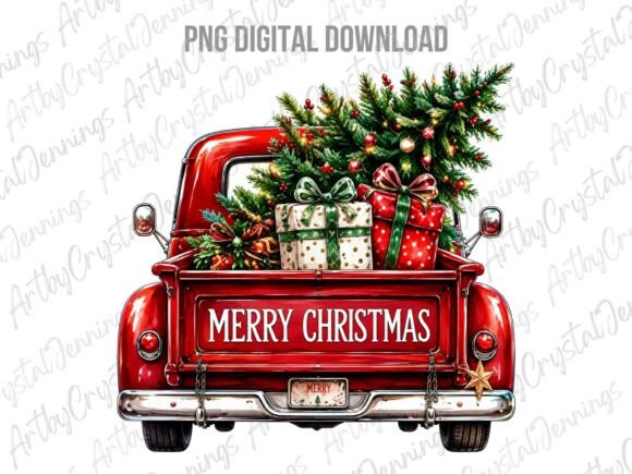 Merry Christmas Red Truck Tree PNG Graphic Illustrations By ArtbyCrystalJennings