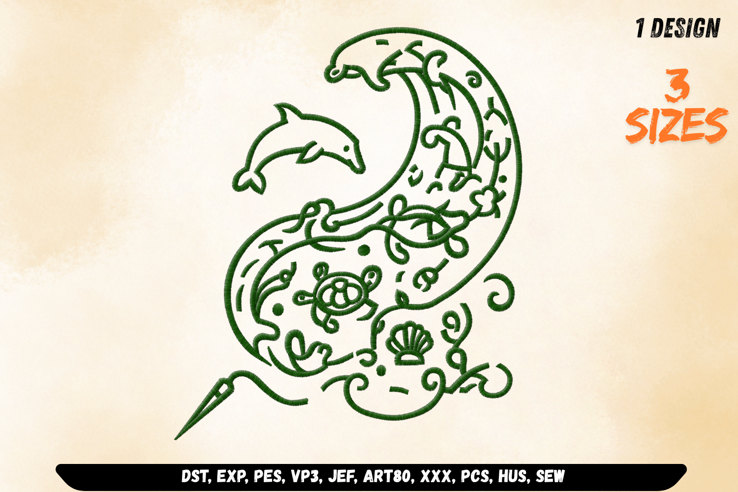 Ocean Wave and Dolphin Embroidery Design