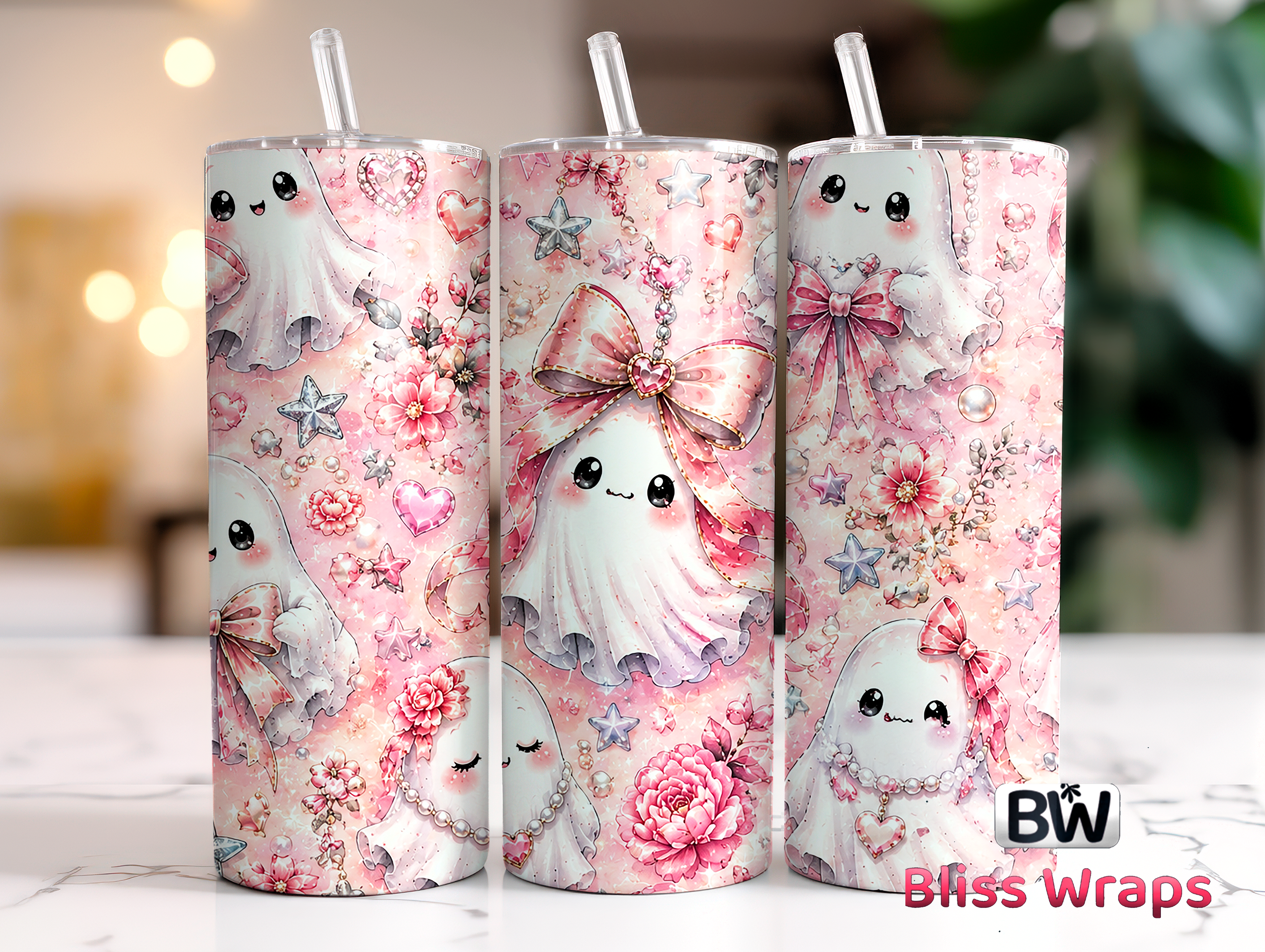 Pink Cute Ghost Halloween Tumbler Wrap