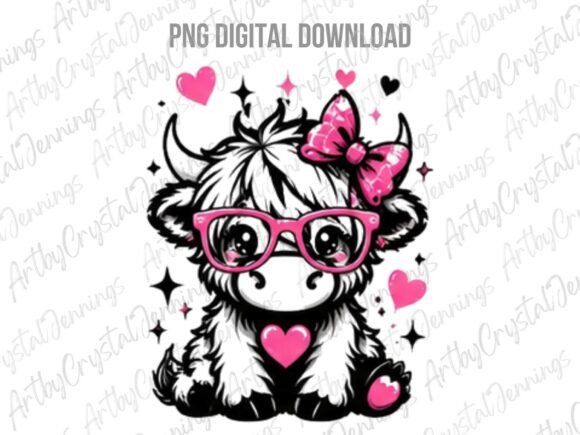 Pink Glasses Highland Cow Heart PNG
