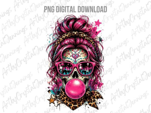 Pink Skull Bubblegum Leopard Hair PNG