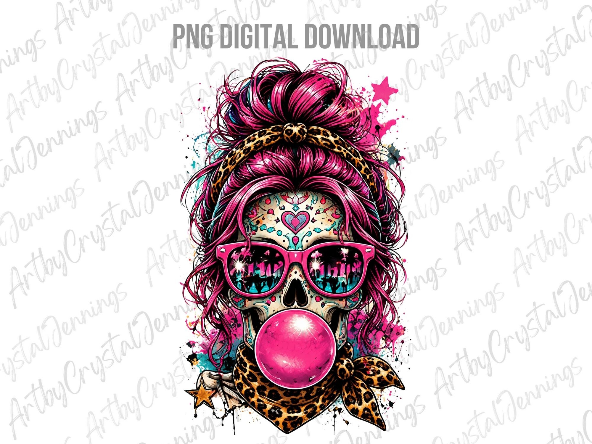 Pink Skull Bubblegum Leopard Hair PNG