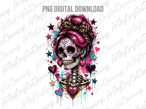 Pink Sugar Skull Leopard Bow PNG