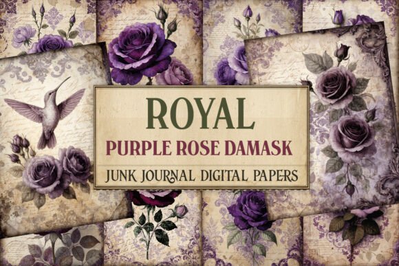 Purple Rose Damask Junk Journal Pages