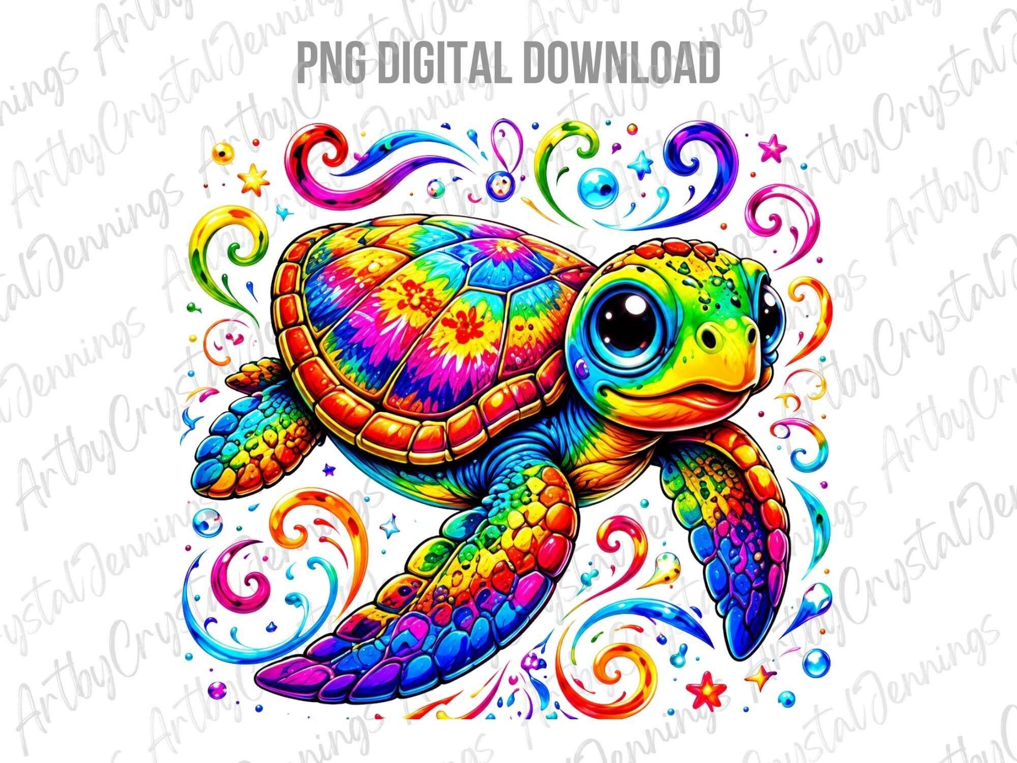 Rainbow Sea Turtle Cute Colorful Art PNG