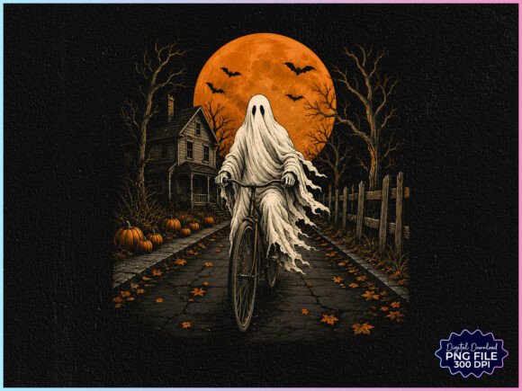 Retro Halloween Ghost Bicycling PNG