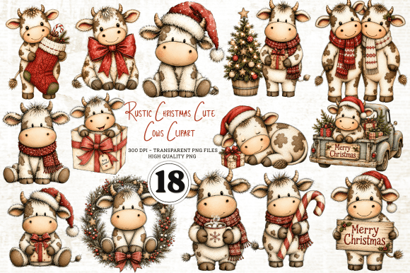 Rustic Christmas Cute Cows Clipart