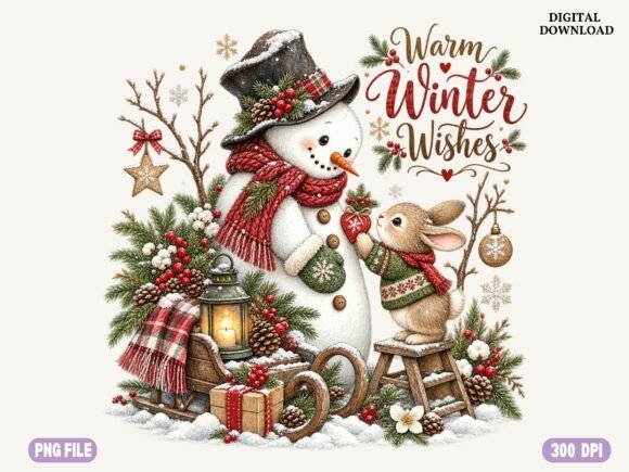 Snowman Rabbit Christmas PNG, Rustic Woo