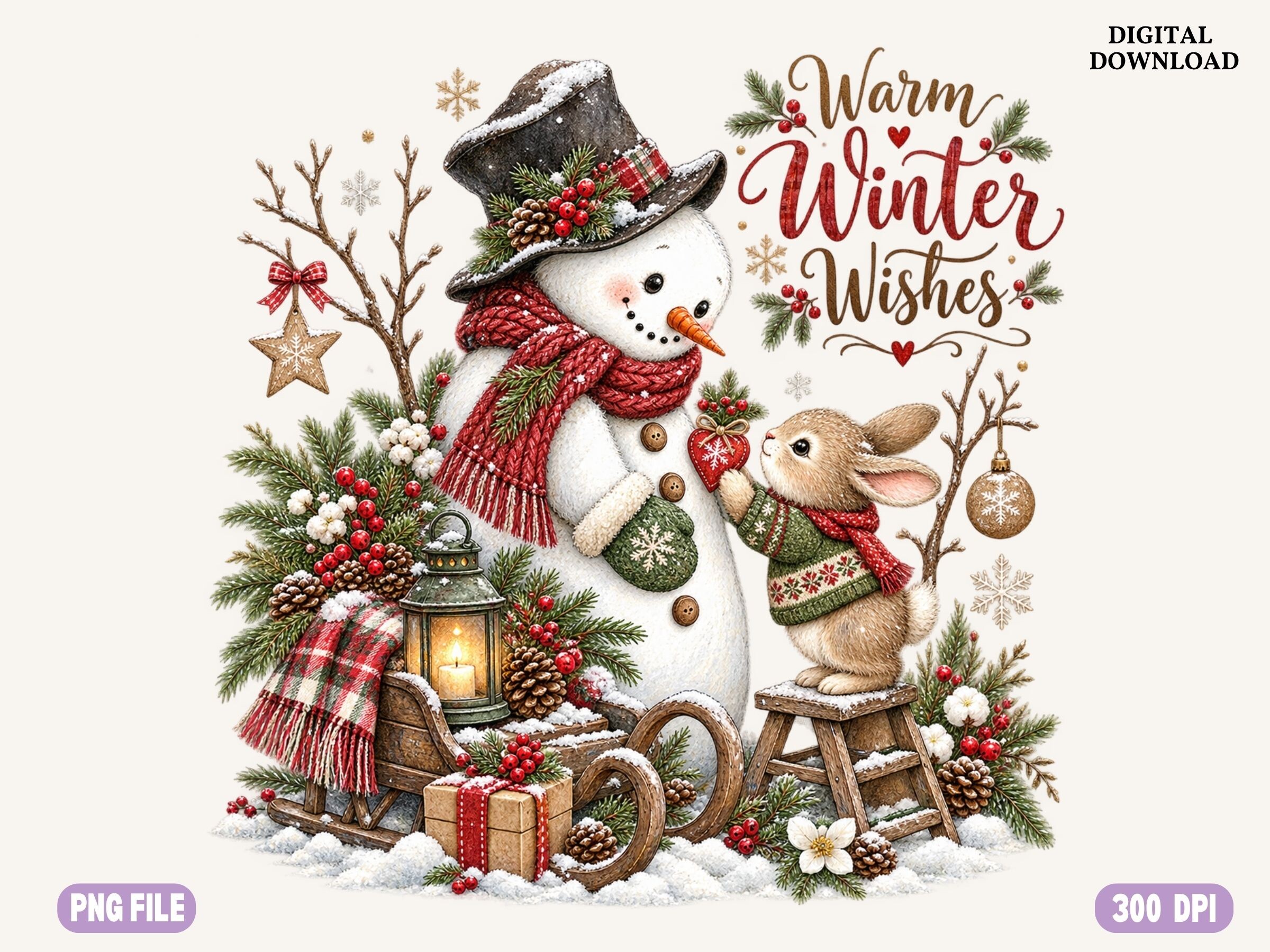 Snowman Rabbit Christmas PNG, Rustic Woo