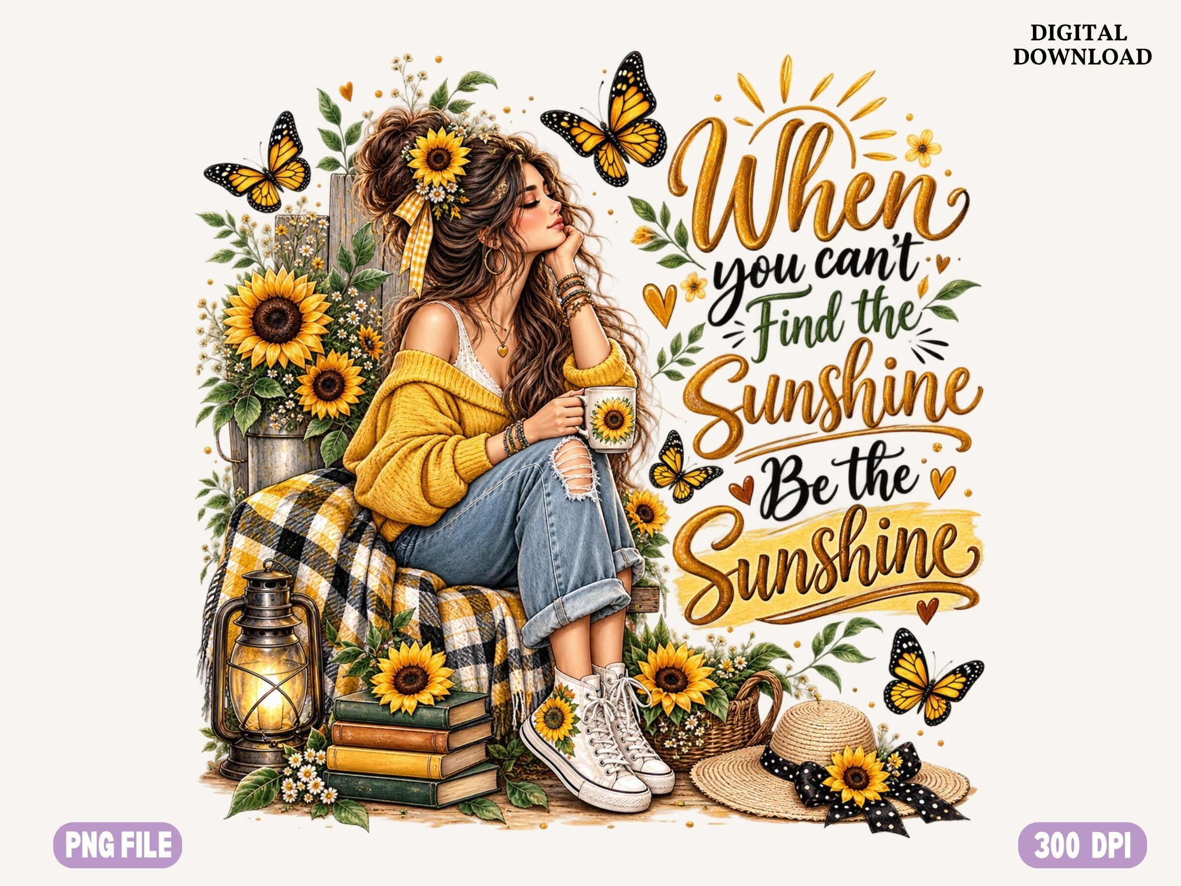 Sunflower Woman PNG, Autumn Boho Girl