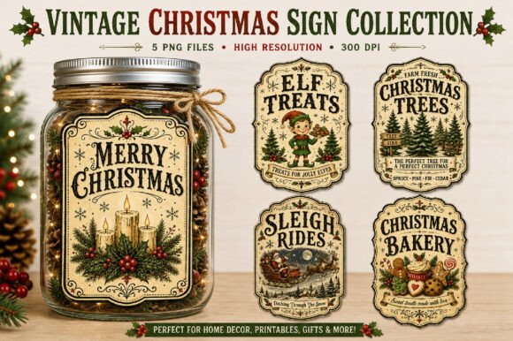 Vintage Christmas Label Sign PNG