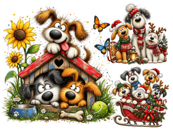 Whimsical Christmas Dogs Clipart Bundle