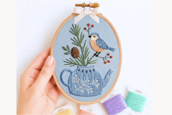 Winter Bird Teapot Embroidery Pattern