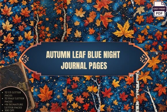 Autumn Leaf Blue Night Journal Pages