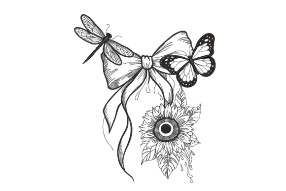 Butterfly Bow & Sunflower Line Art