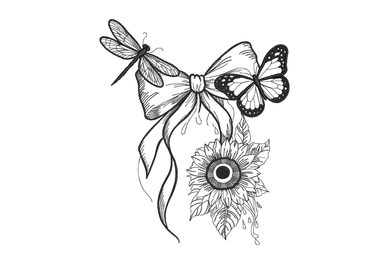 Butterfly Bow & Sunflower Line Art