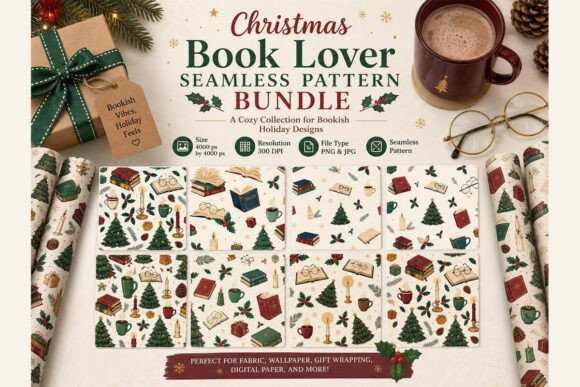 Christmas Book Lover Seamless Pattern