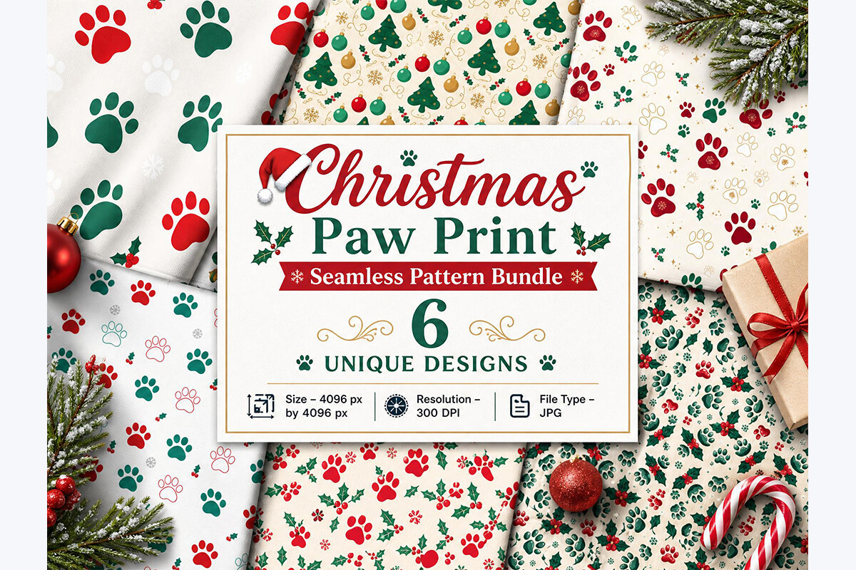 Christmas Paw Print Seamless Pattern