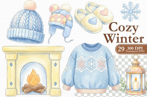Cozy Winter Hygge Watercolor Clipart PNG