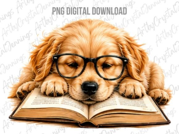 Cute Dog with Glasses Reading Book PNG