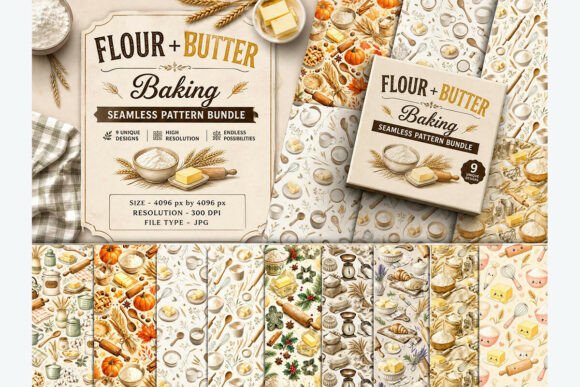 Flour Butter Baking Seamless Pattern Set