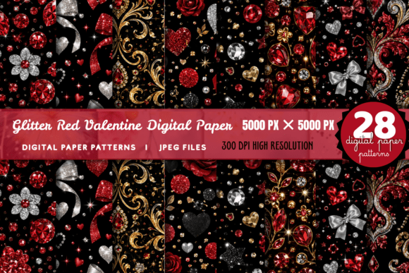 Glitter Red Valentine Digital Paper Pack