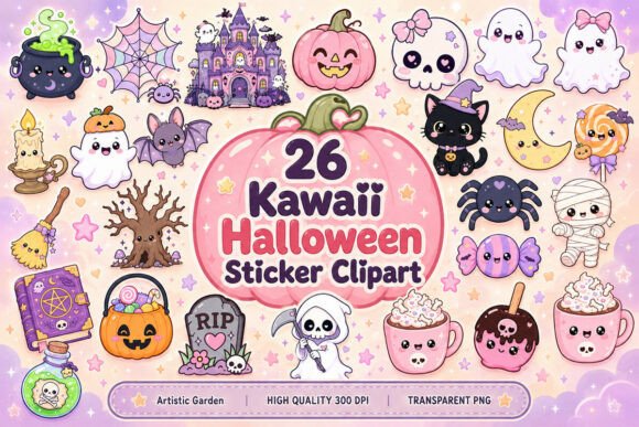 Kawaii Halloween Stickers Clipart Bundle