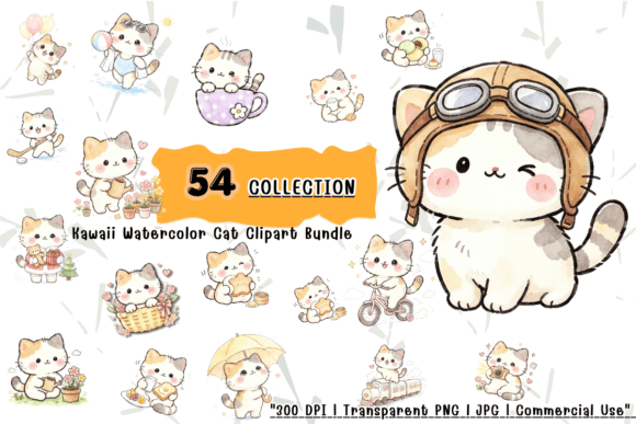 Kawaii Watercolor Cat Clipart Bundle