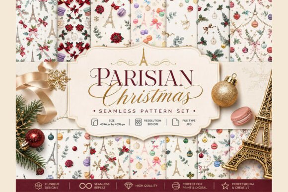 Parisian Christmas Seamless Pattern Set