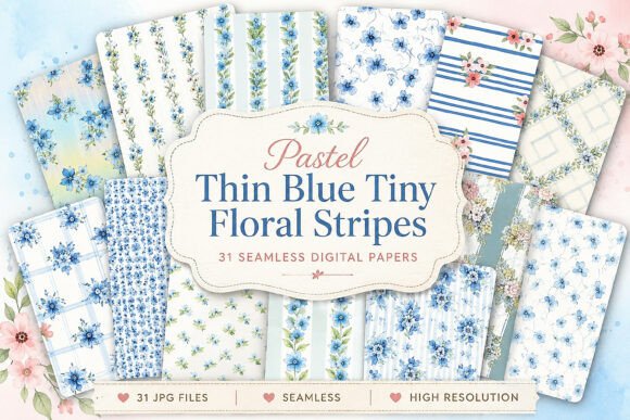 Pastel Thin Blue Tiny Floral Stripes