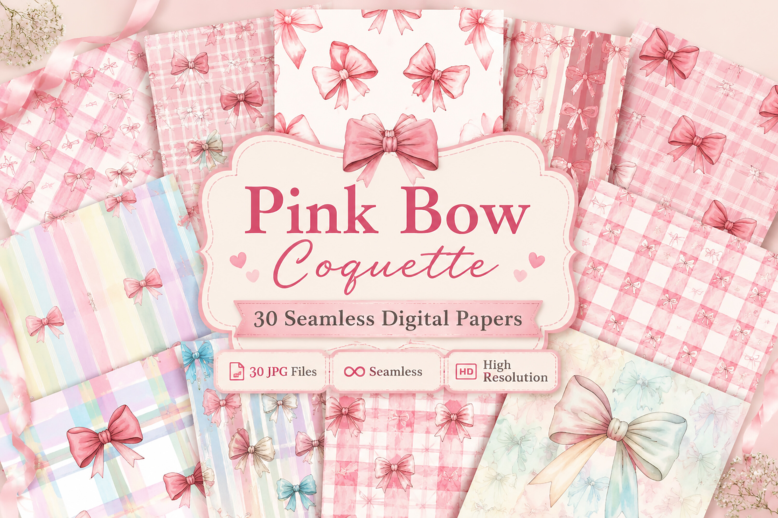 Pink Bow Coquette Digital Paper Pattern