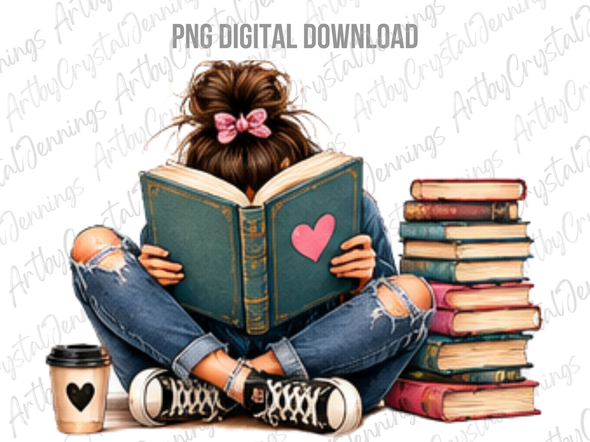 Reading Girl Book Lover Watercolor PNG