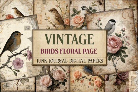 Vintage Birds Floral Junk Journal Pages