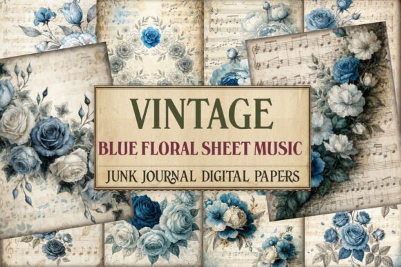Vintage Blue Floral Sheet Music Junk