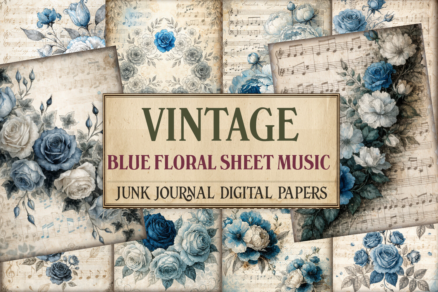 Vintage Blue Floral Sheet Music Junk