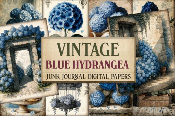 Vintage Blue Hydrangea Junk Journal Page