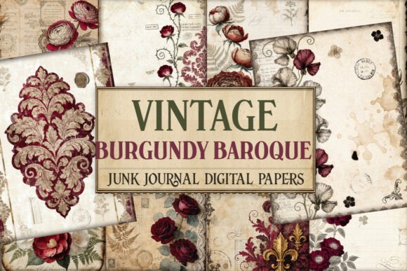 Vintage Burgundy Rose Junk Journal Paper