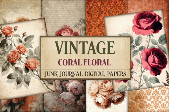Vintage Coral Floral Junk Journal Pages