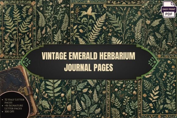 Vintage Emerald Herbarium Journal Pages
