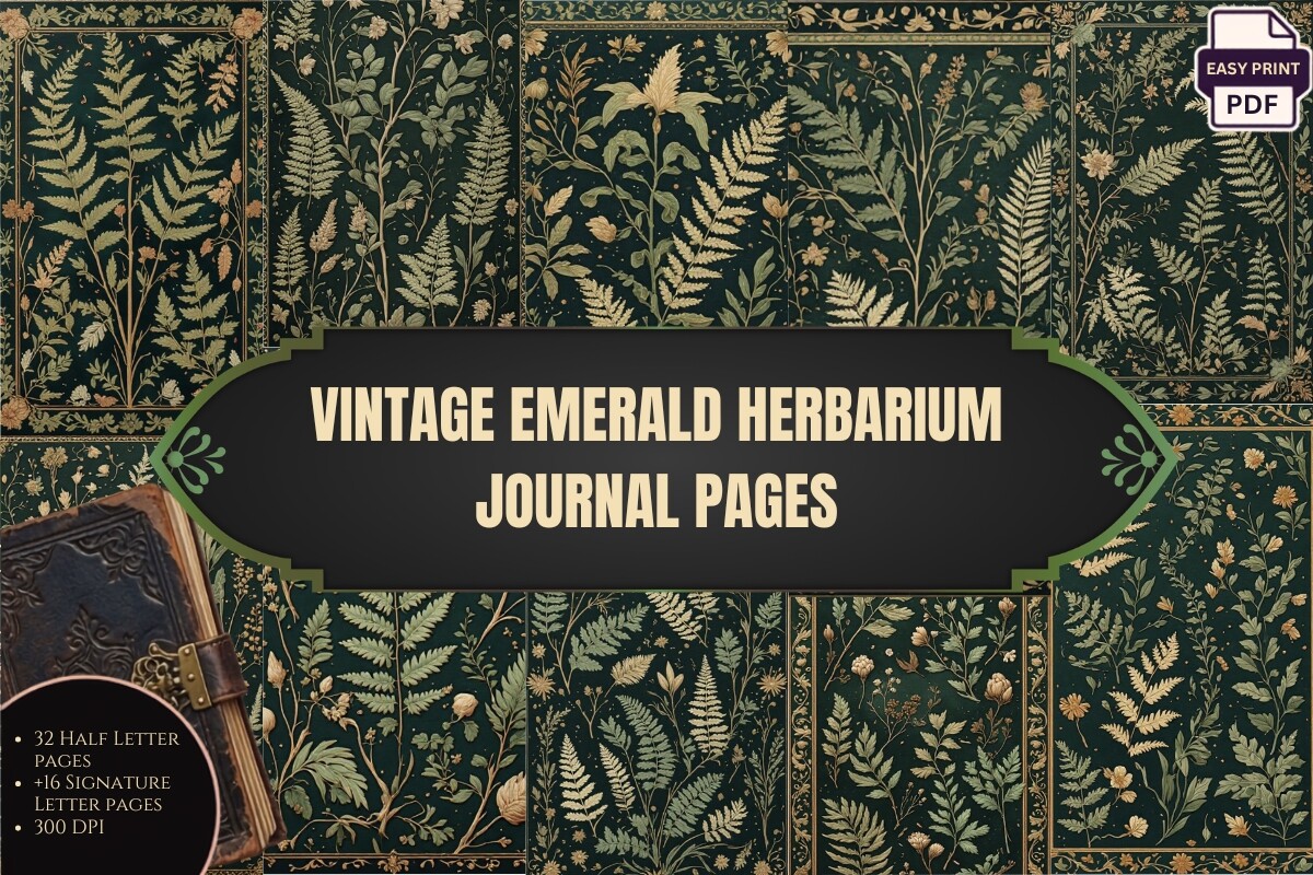 Vintage Emerald Herbarium Journal Pages