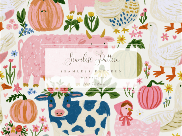 Whimsical Countryside Farm Animals Seamless Pattern PNG