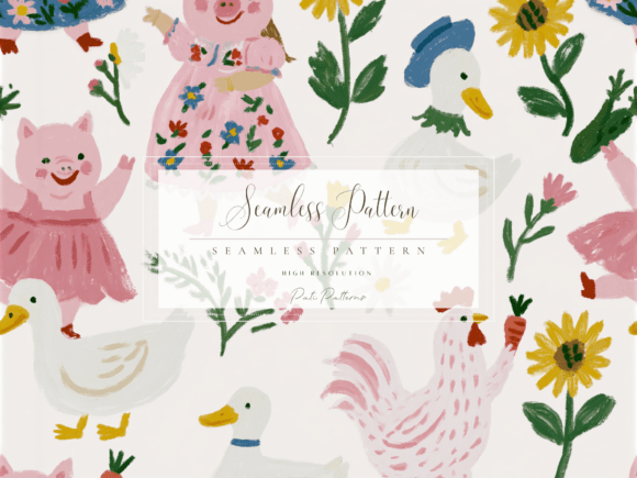 Whimsical Farm Animal Party Seamless Pattern PNG
